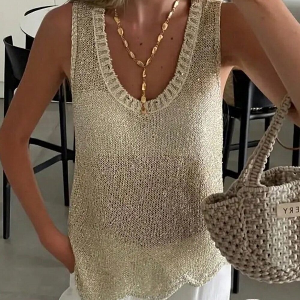 Gold Casual Women's Cute Sparkly See Through Textured Round Neck top
